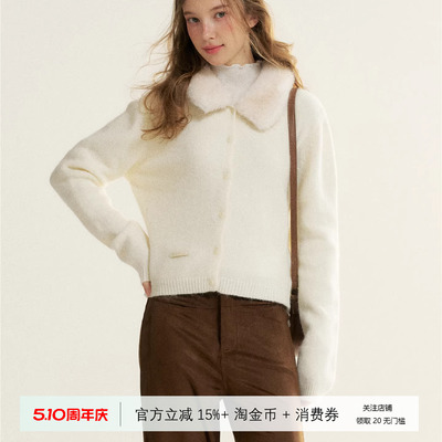 可拆卸毛毛领翻领纯色毛衣开衫