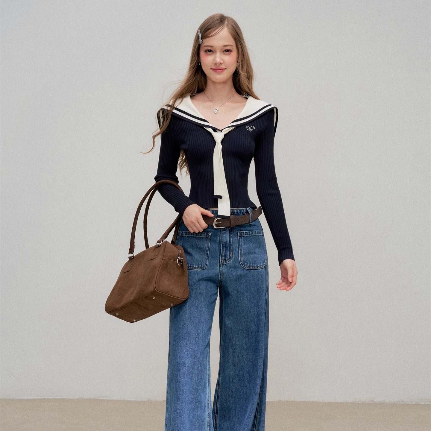 16DEWS官方Navycore海军领修身长袖针织上衣双口袋高腰阔腿牛仔裤