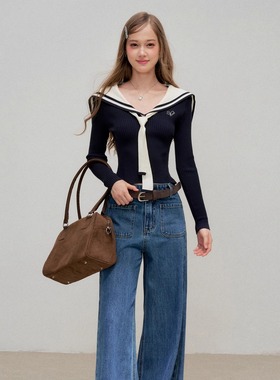 16DEWS官方Navycore海军领修身长袖针织上衣双口袋高腰阔腿牛仔裤
