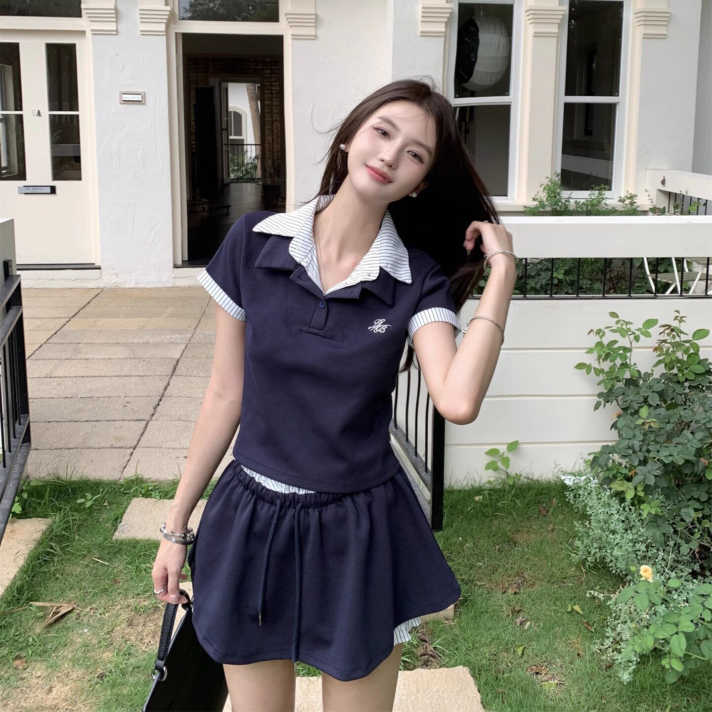 时尚套装女学院风翻领短袖T恤