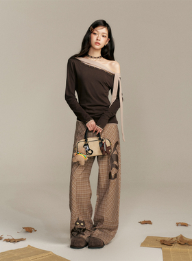 16DEWS绑带上衣Cityvibe顽皮猫咪格纹印花高腰宽松直筒休闲裤早秋