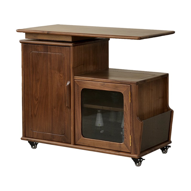 移动实木茶车家用客厅沙发边几黑胡桃旋转茶水柜岩板茶台