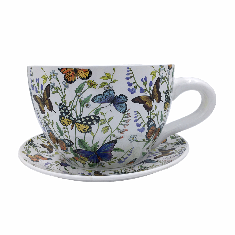 创意特大咖啡杯陶瓷花盆 带托盘欧式田园风个性绿萝花盆 陶瓷