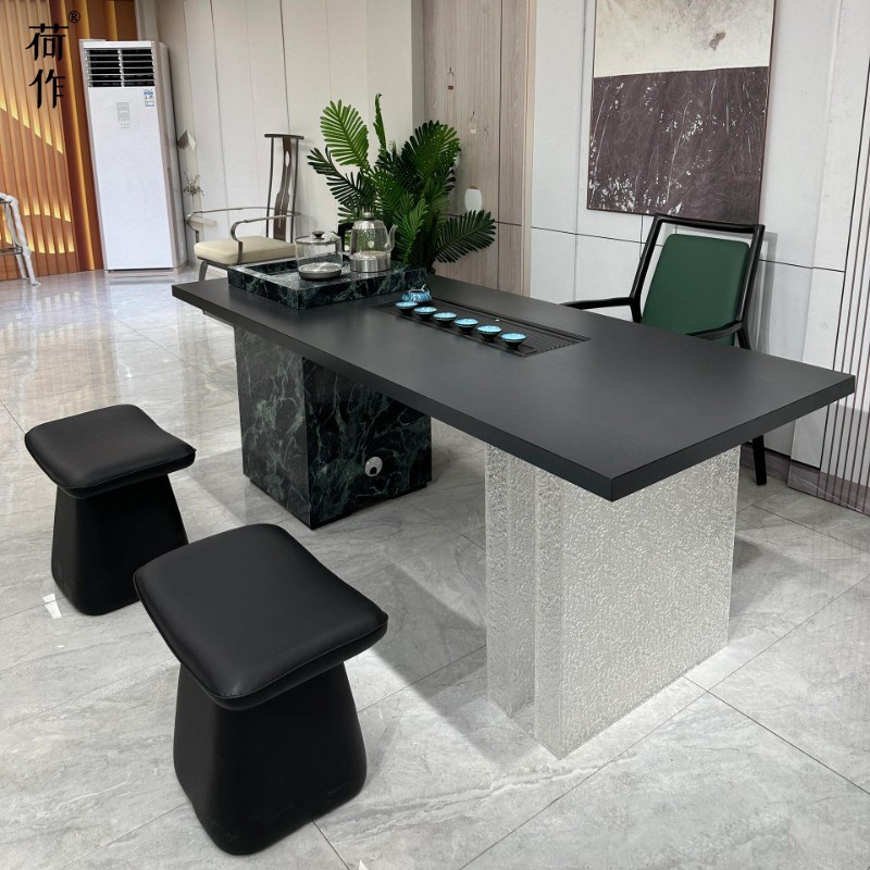 荷作新中式实木茶桌椅组合岩板透明岛台高端家用商用h定制泡茶桌