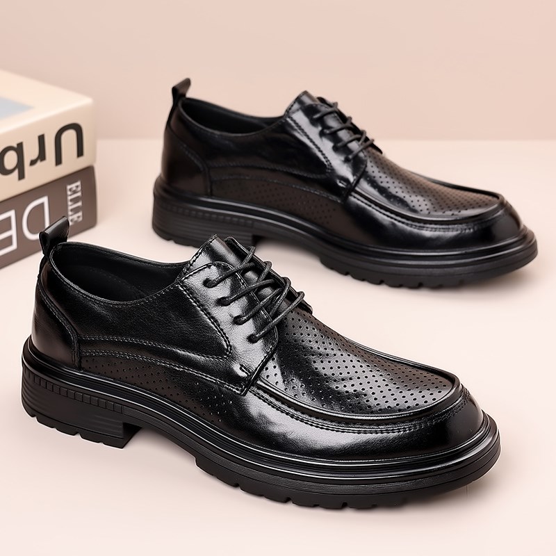 皮鞋男休闲夏季镂空透气皮凉鞋男士商务正装黑色软底20W24新款男
