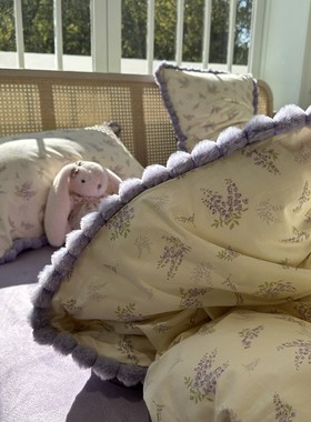 少女心温柔豆豆花k边棉加绒四件套A面全棉B面宝宝绒紫色小碎花