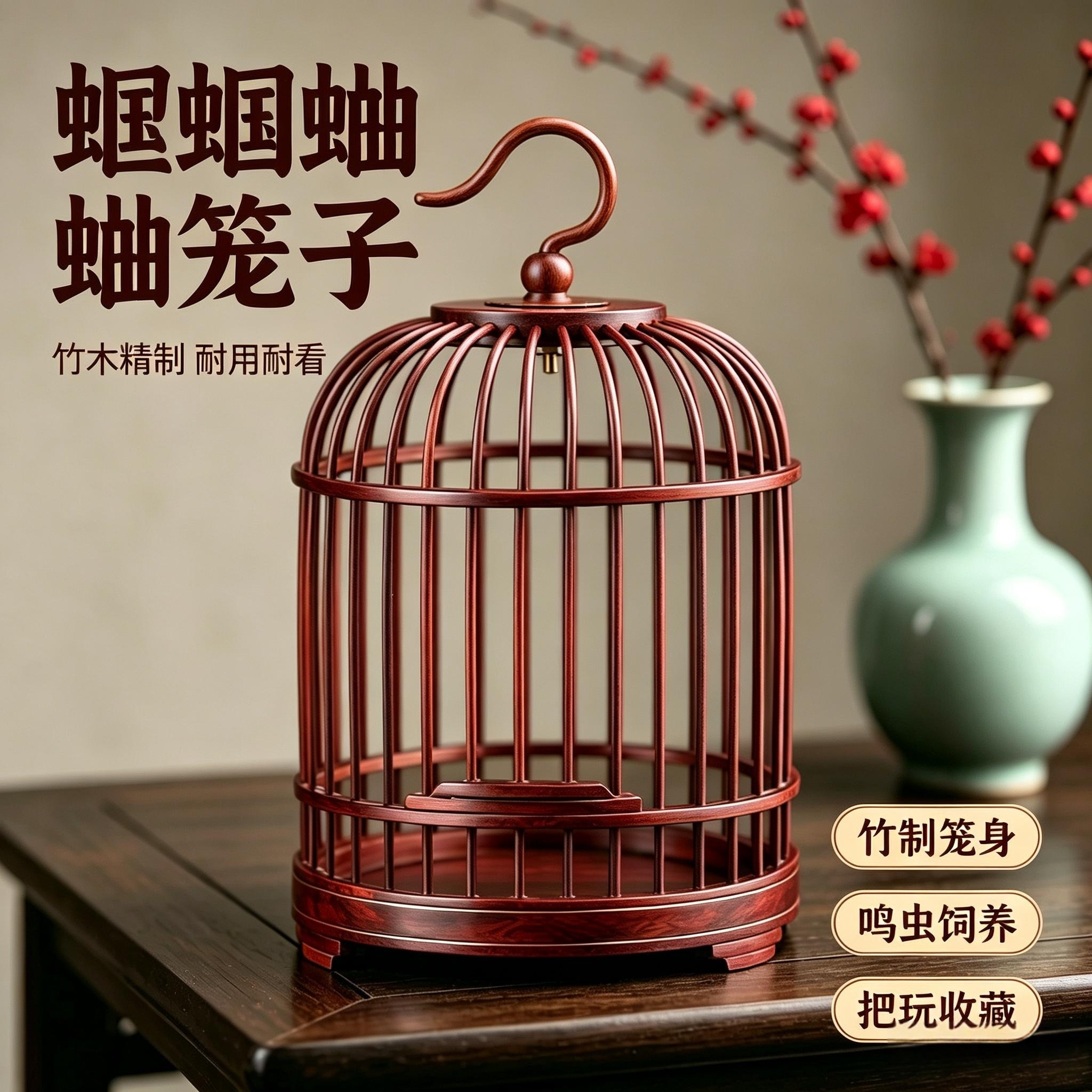 蝈蝈蛐蛐笼子手工仿红木竹制品蚂蚱精品笼鸣高端大号圆形笼摆件
