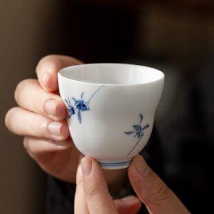 纯手绘蝴蝶兰杯办公室陶瓷单个功夫茶杯个茶具茶碗