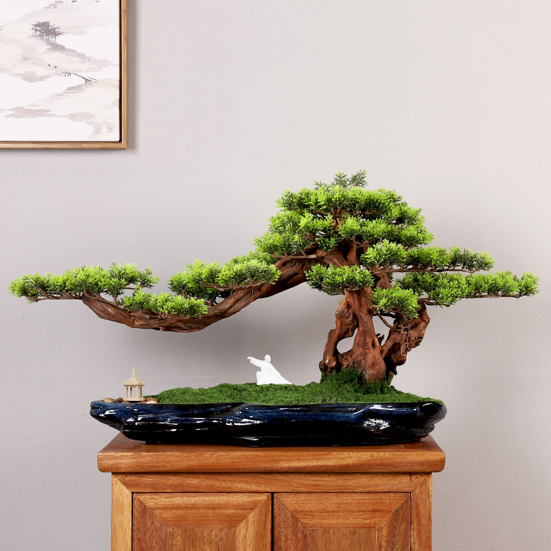 客厅迎客松盆栽摆设室内大型仿真绿植假花植物松柏树盆景装饰摆件