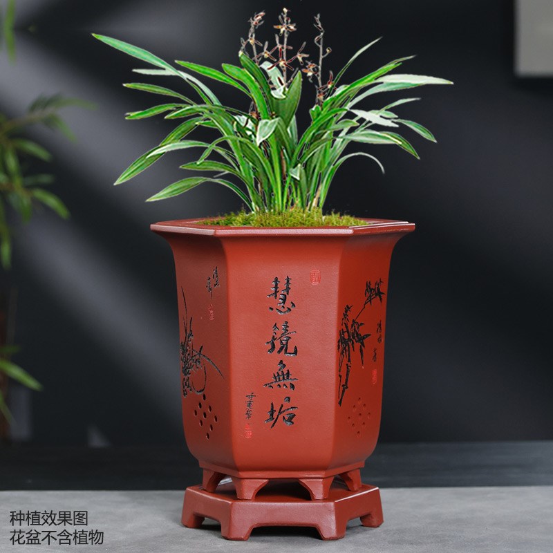 精品紫砂花盆兰花盆带底座六方宫灯创意家用桌面君子兰墨兰蕙兰盆