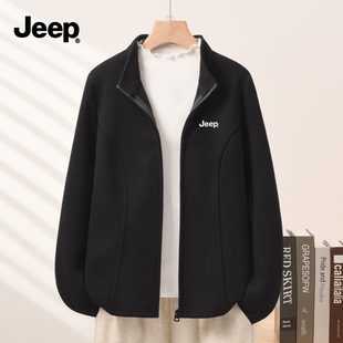JEEP吉普加绒卫衣女款2026新款黑色立领开衫独特漂亮冬装厚外套Y