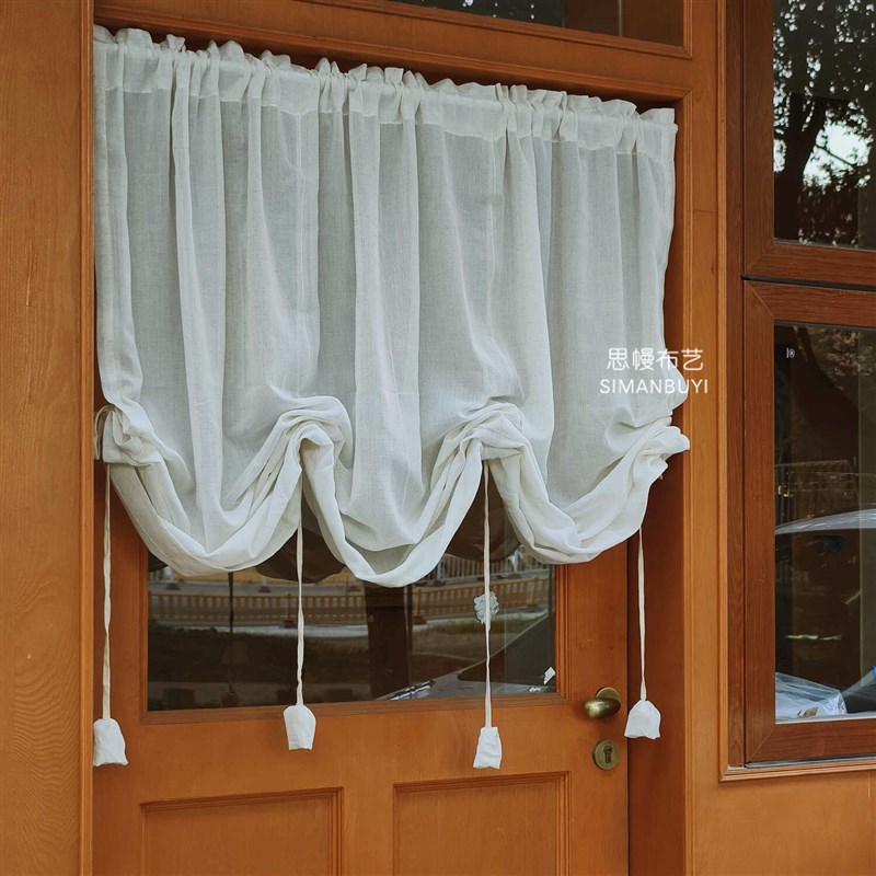 日式亚麻弧拱形k门帘气球帘提拉帘升降帘橱窗窗帘复古罗马帘隔断