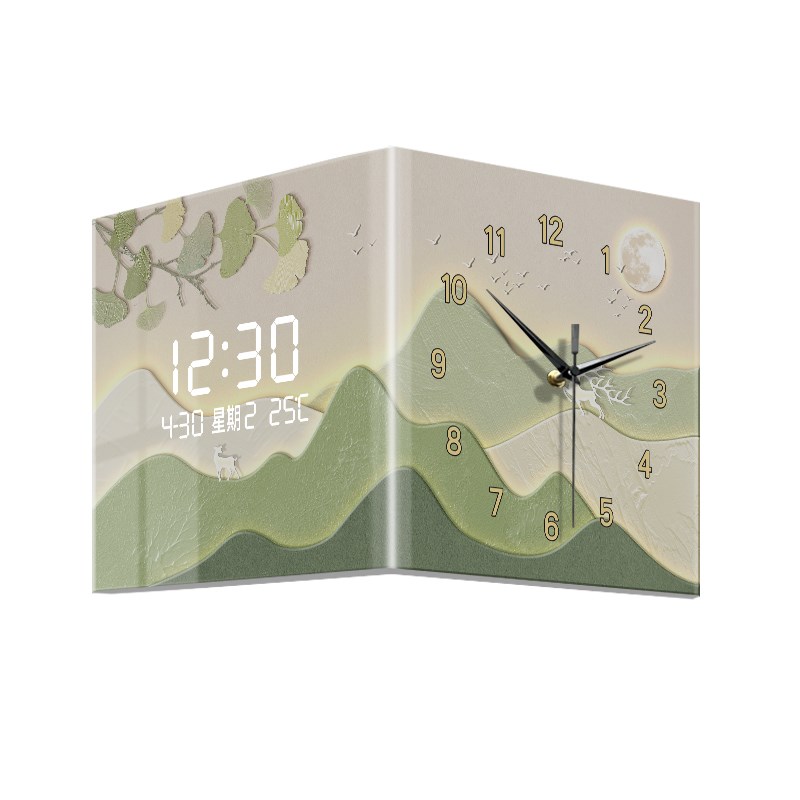 背有靠山a简约现代风景客厅转角挂钟家用数显屏双面时钟创意钟表