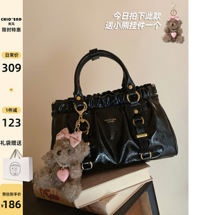 南风Chio2nd 日常通勤单肩斜挎包 黑皮托特包复古褶皱手提包包女式