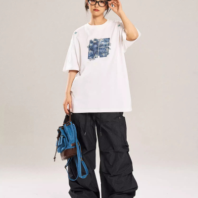 牛仔碎花刺绣贴布复古基础百搭宽松休闲短袖t恤男女
