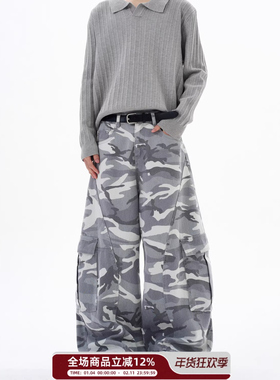 KISKO美式复古迷彩阔腿工装裤潮牌宽松反穿设计感弯刀牛仔裤男女