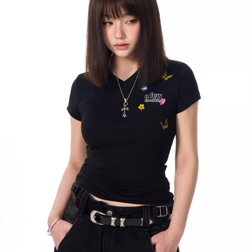 25SS环绕蝴蝶刺绣短袖夏季V领正肩显瘦修身T恤男女情侣装上衣