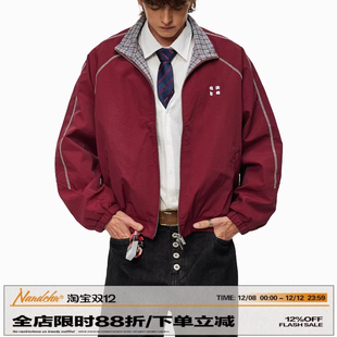 男道美式 字母刺绣宽松休闲夹克 翻领格子哈苏线运动外套男2025秋季