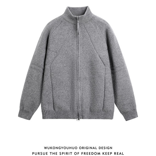 NewDecay 韩系新款立领双拉链毛衣男cleanfit灰色针织开衫外套潮