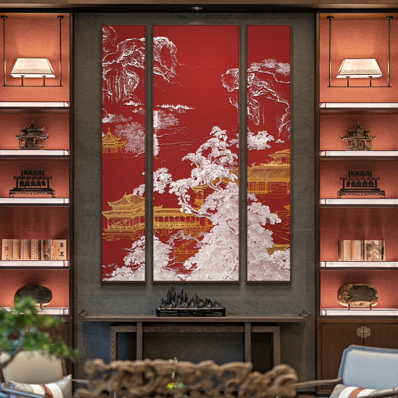 新中式客厅装饰画高端大气会所大堂挂画别墅浮雕立体背景组合壁画图片