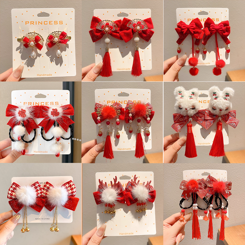 新年红色女童蝴蝶结发夹