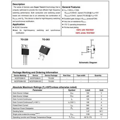 全新原装正品原装包装Ncep039N10D至263补丁n通道Ncep039N10