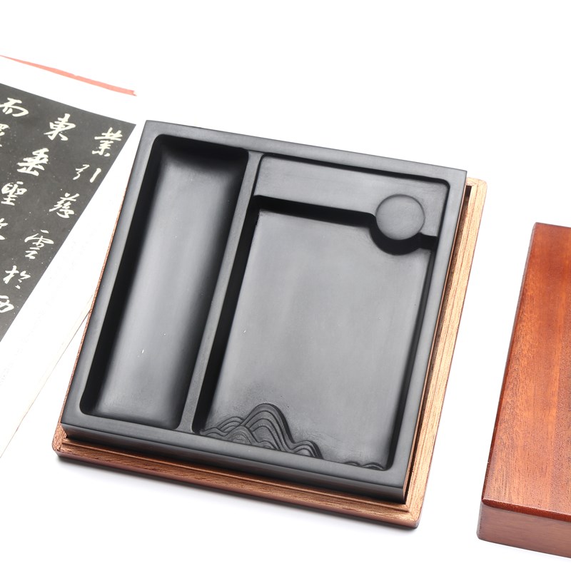 徽州文房回字水墨砚台p原石书法专用磨墨带盖木盒保湿歙砚余墨不