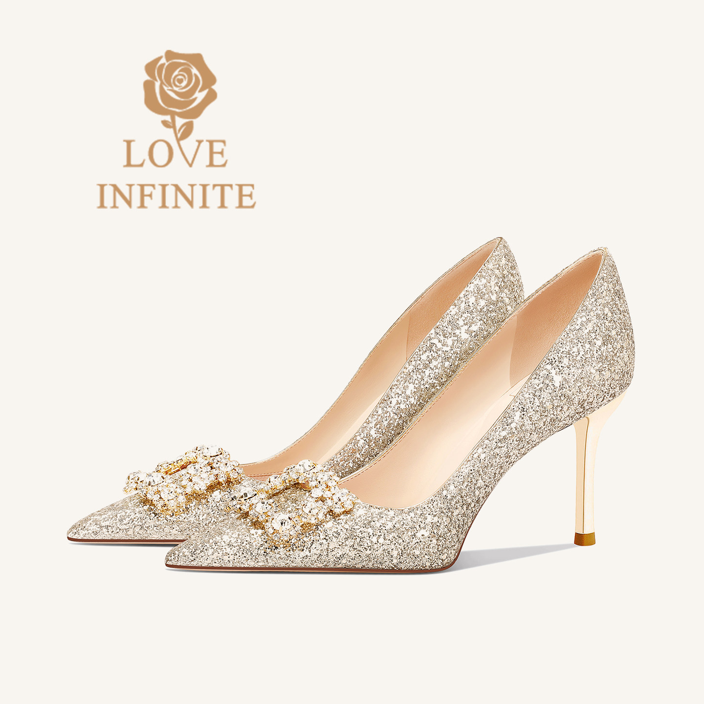 无限爱意婚鞋女2026爆款洋气新娘鞋香槟金色高跟鞋女尖头细跟单鞋