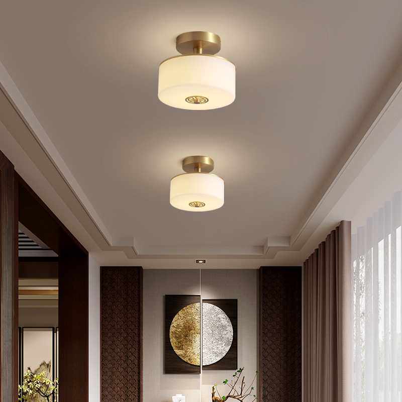 新中式吸顶灯过道阳台灯玄关走廊云石灯简约现代灯饰圆形全铜灯具