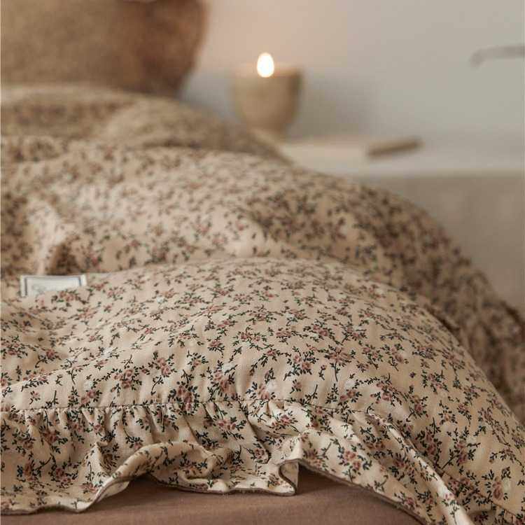 法式复古双层纱四件套纯棉小碎花床上用品荷叶边公主深色系4件套