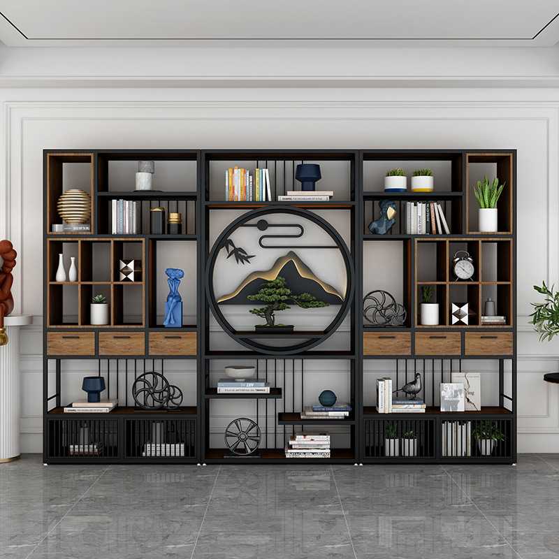 新中式铁艺博古架书架展示架办公室隔断柜餐厅实木茶柜茶室置物架