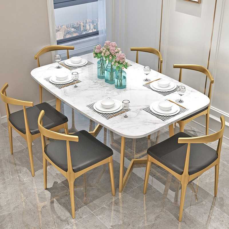 大理石餐桌家用北欧现代简约小户型铁艺长方形餐桌椅组合轻奢饭桌