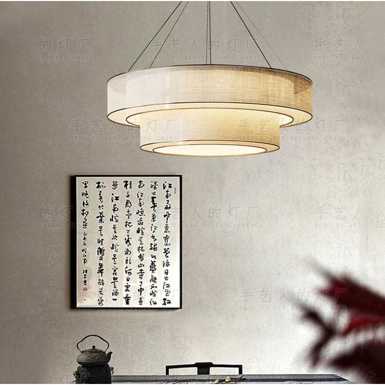 新中式中国风新款餐厅客厅卧室圆形布艺吊灯餐饮茶室禅意吧台灯具