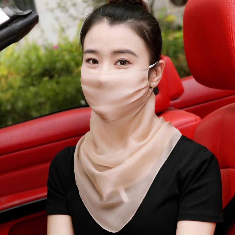 100%桑蚕丝口罩遮阳面纱薄款遮脸围巾披肩女护颈一体夏季面罩透气