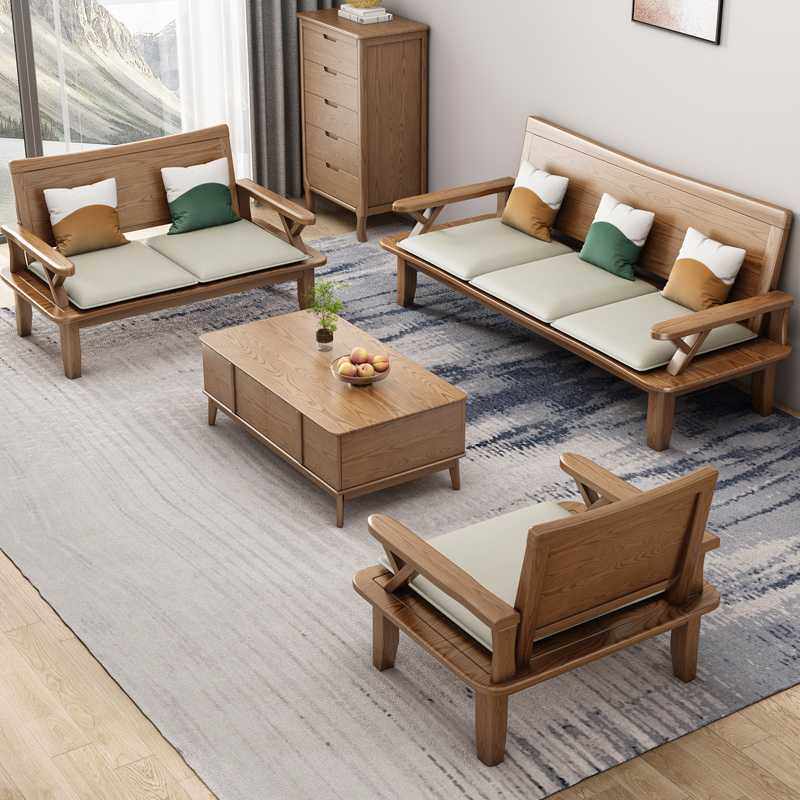 北欧全实木沙发小户型客厅新中式科技布三人位沙发冬夏两用白蜡木