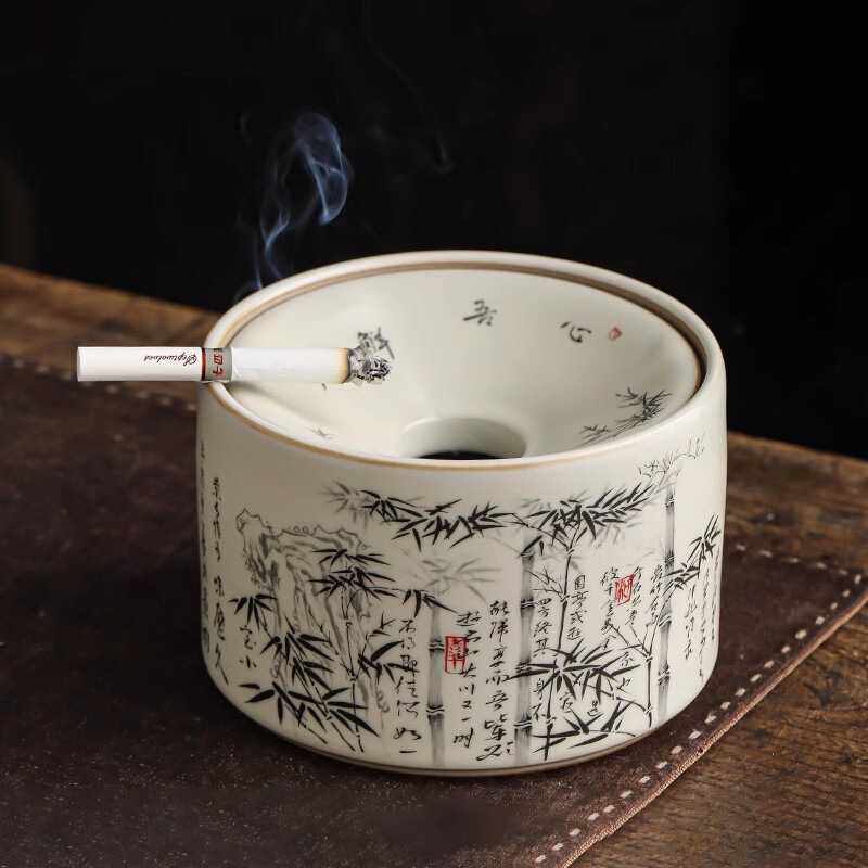 汝窑墨竹烟灰缸防飞灰茶洗陶瓷茶水茶渣缸水盂杯洗家用茶具配件