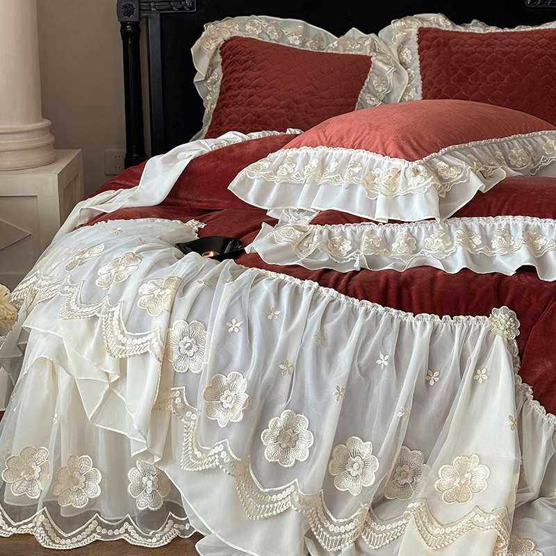 冬季加厚婴儿绒床裙款四件套法式蕾丝边立体花保暖被套床品红粉色,家庭/个人清洁工具,地垫,淘宝优惠券,粉丝福利购,淘宝优惠卷