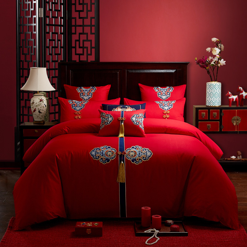 新婚庆四件套大红全棉刺绣结婚房床上用品六十件S套喜婚被龙凤床