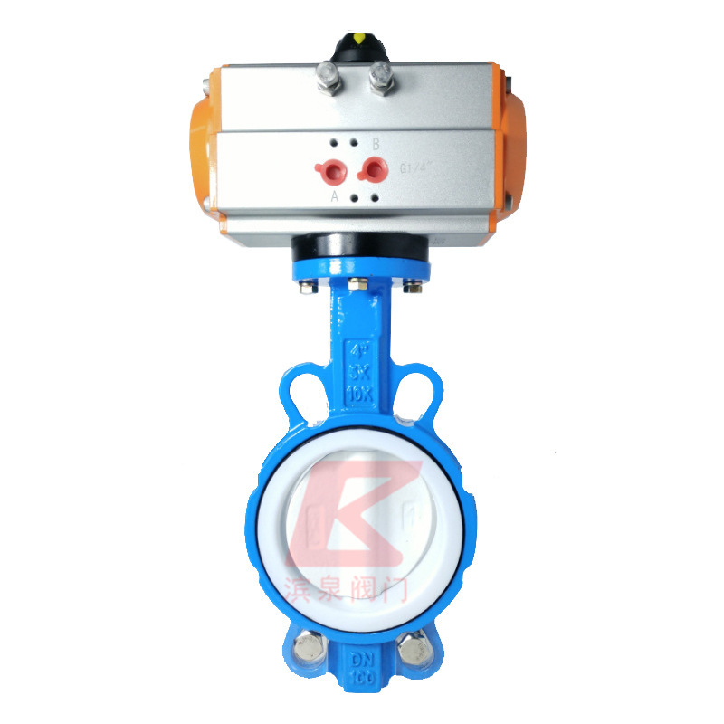 D671F-16Q 气动对夹蝶阀 球墨体 四氟蝶阀特氟龙板双作用开关PTFE