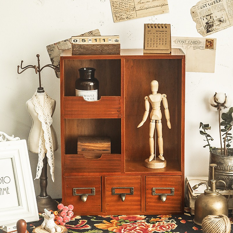 梳妆台化妆品收纳盒护肤品实木复古抽屉式书桌柜子学生桌面整理架