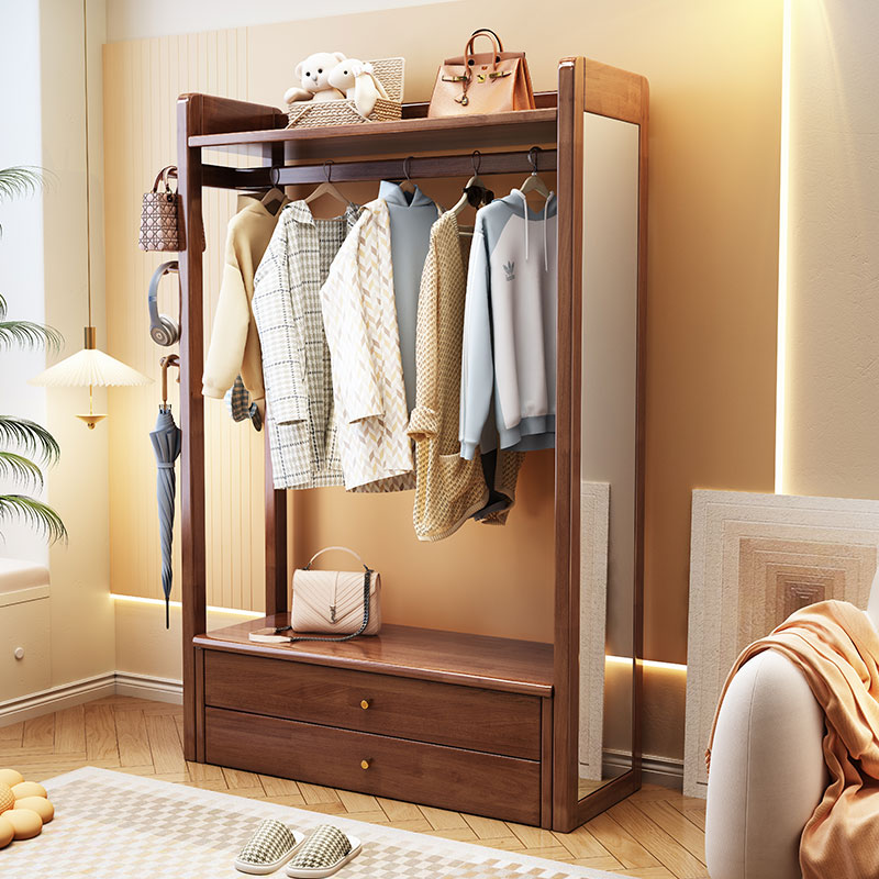 穿衣镜一体实木衣帽架落地挂衣架带抽屉置物多功能挂衣服收纳架子