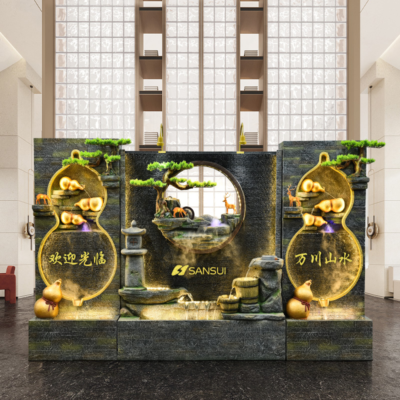 中式水幕墙流水摆件循环水办公室装饰庭院瀑布景观落地假山鱼池