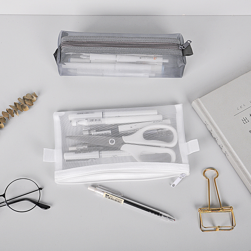 ins风无印风日系透明笔袋大容量网格网纱袋考试学生铅笔袋文具袋