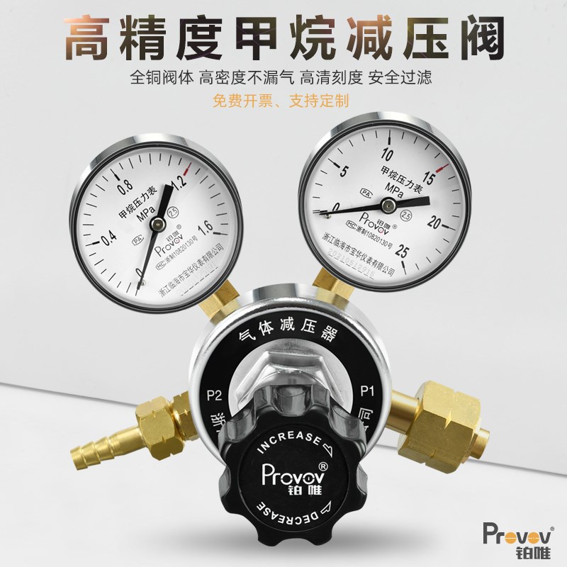 铂唯甲烷减压器YQJ-6全铜CH4气钢瓶减压微调压阀1.6*25压力表双头