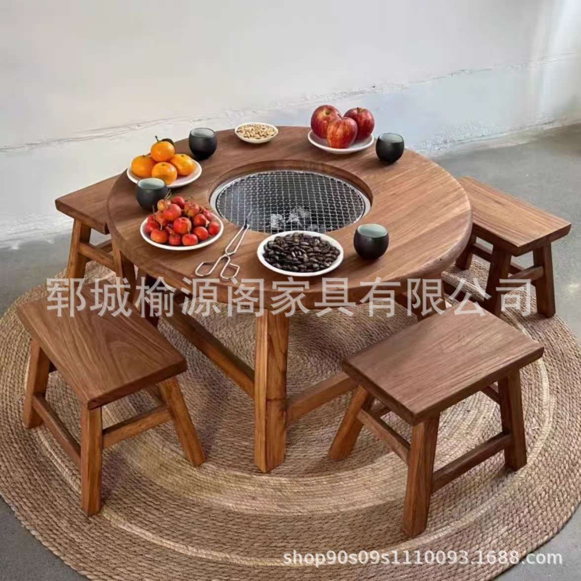 老榆木围炉桌户外庭院圆形火锅桌朋友聚会喝茶烧烤原木桌椅