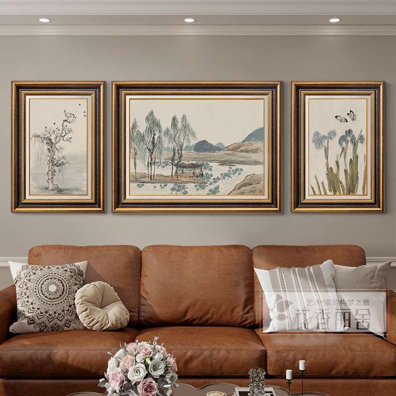 曲沼荷风图》新中式客厅三联画中国风山水花鸟餐厅装饰画茶室挂画