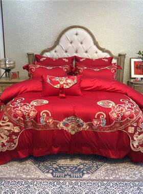 25秋 结婚季高档婚庆全棉100支贡缎提花四六十件套大红色结婚套件