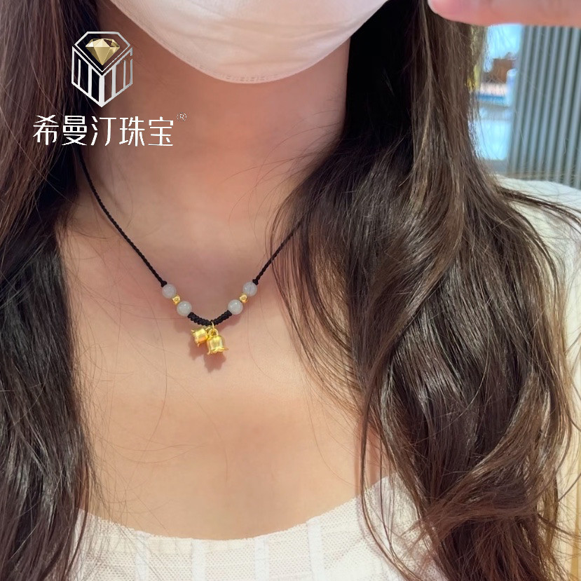 希曼汀黄金铃兰花吊坠999足金小铃铛挂件编织绳项链送女友礼物