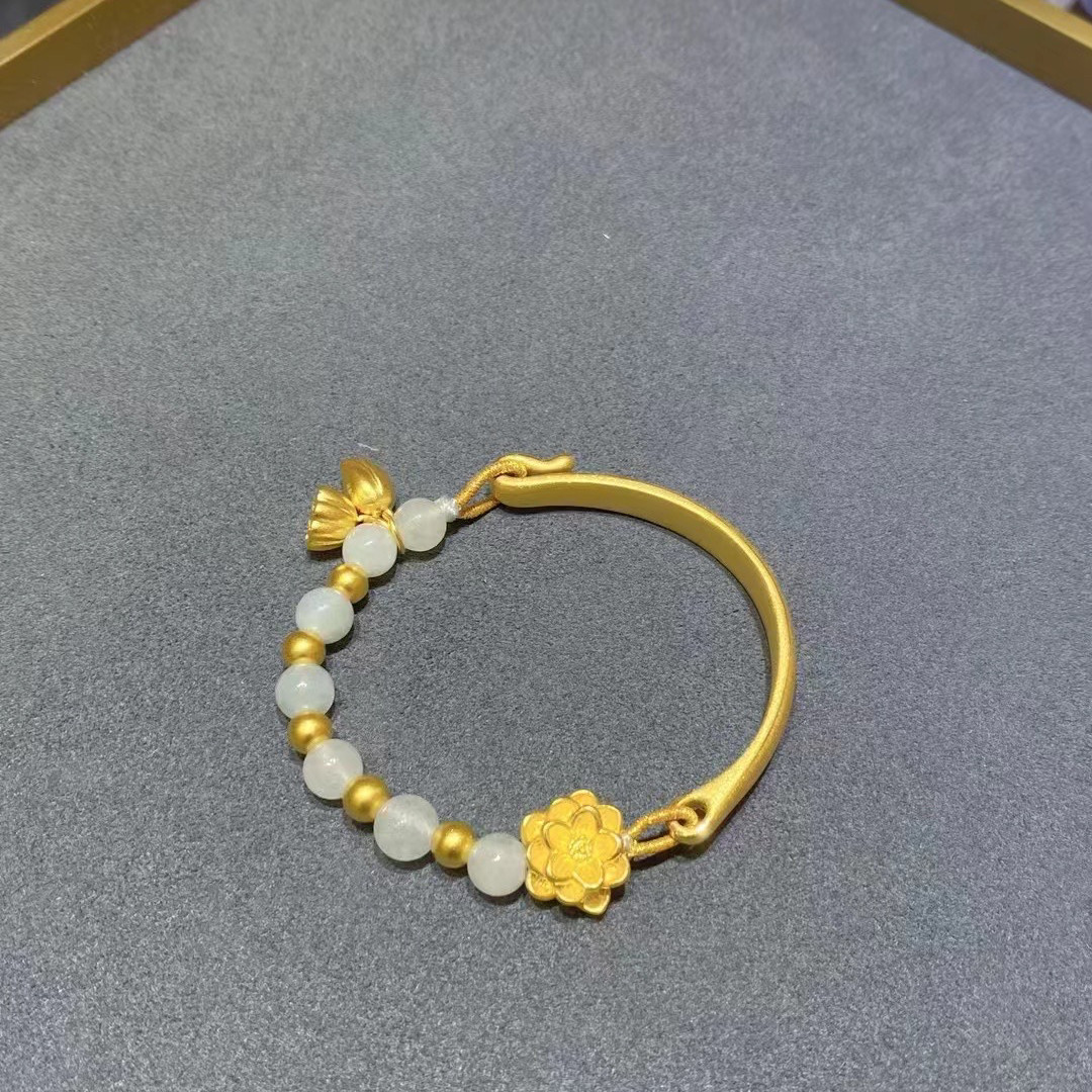 希曼汀珠宝 莲花手镯女款足金半镯和田玉手串珍珠手链生日礼物送,黄金,定价黄金手链,淘宝优惠券,粉丝福利购,淘宝优惠卷