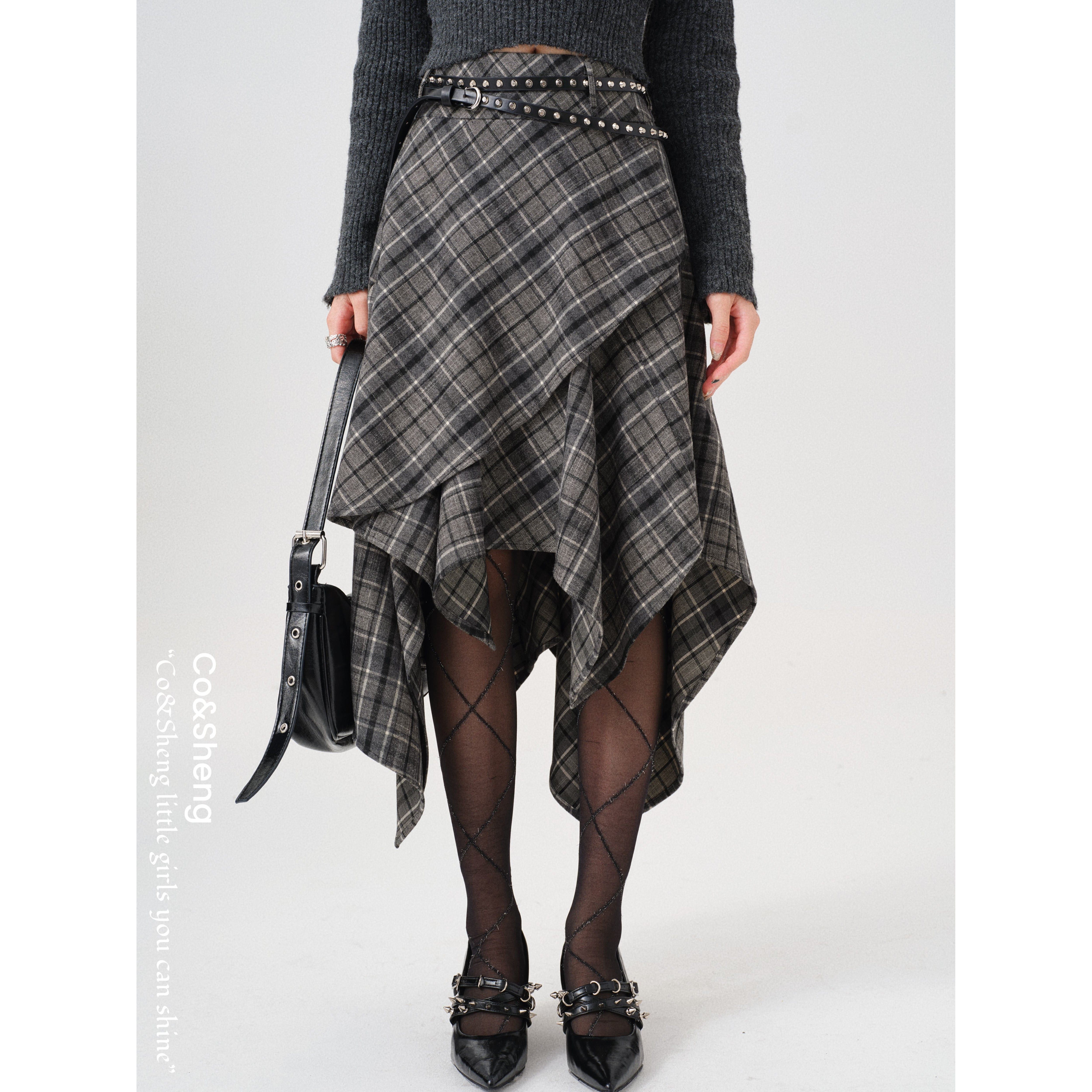 解构格纹/Co&Sheng重生小个子春季新款不规则格子半身裙